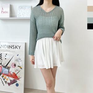 샵앤) 여성 여름 그물 브이넥 긴팔 니트 티셔츠 WDM-WKN-2LABB1021