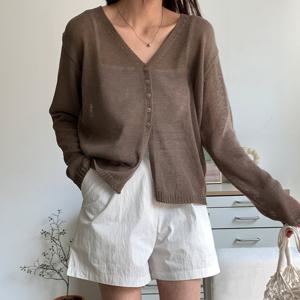 샵앤) 국산 여성 Y단추 햇빛가림 시스루 긴팔 루즈 가디건 21DS-WCD-4620-블랙