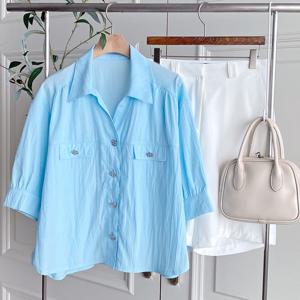 샵앤) 여성 슬릿 카라넥 여름 반팔 블라우스 DGB-WBL-4564-스카이블루