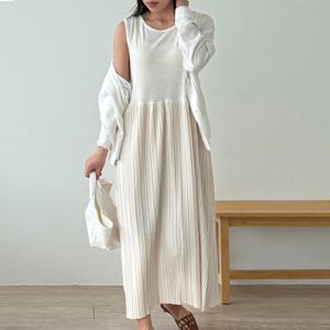 샵앤) 국산 여성 라운드 투톤 플리츠 레이어드 롱원피스 LL-WDR-4672-베이지