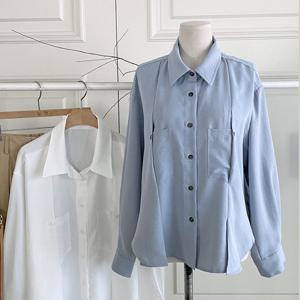 샵앤) 여성 카라넥 유니크 앞라인 포켓 단추여밈 긴팔 블라우스 DGB-WBL-4748-소라