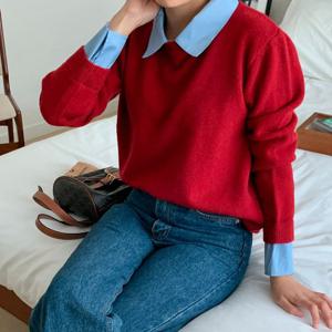 샵앤) 여성 데님 레이어드 카라소매 니트 티셔츠 21DS-WKN-3792-네이비