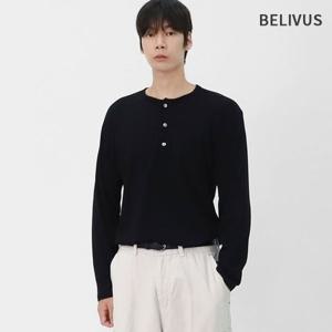 빌리버스 남성 캐주얼 구김방지 헨리넥 골지 스판 슬림 긴팔티 논아이론 BYM014