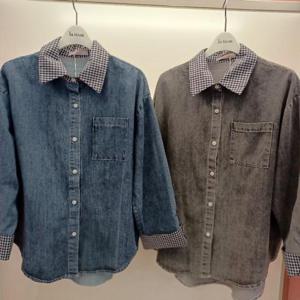 Latium HC06 데님 가을 느낌 체크 배색 품편한 언발 남방형 청셔츠블라우스 T2533bl10