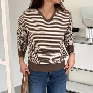 샵앤) 국산 여성 V넥 단가라 4컬러 긴팔 니트 티셔츠 21DS-WKN-4969-오트밀