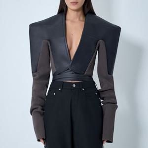 25 FW 릭오웬스 Tight 브이넥 셀프타이 웨이스트 레더 트리밍 자켓 RO02E4784 LOORE 78