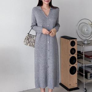 [옷자락]여자 골지 브이카라넥 스웨터 비스코스 단추 롱원피스