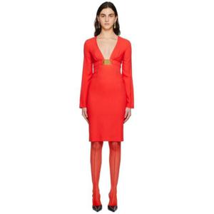 25 FW 모스키노 여성 레드 더블 스마일리 브이넥 미디 드레스 231720F054000
