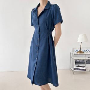 샵앤) 여성 테이퍼드 카라넥 정장 오피스룩 앞단추 뒷리본 미디 원피스 21DS-WDR-4390-베이지