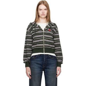 25 FW 겐조 여성 그린 겐조 파리 보크 플라워 스트라이프 후드티 252387F097002