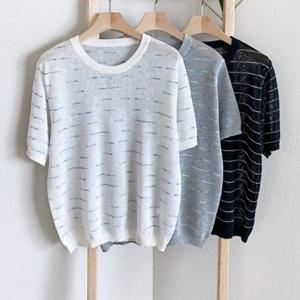 [다잇템][다잇템] 여자 U넥 반소매 줄무늬 투컬러 비스코스 니트