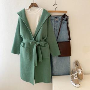 [옷자락]여자 바바리 후드 벨티드 숄가디건 무지 니트 코트