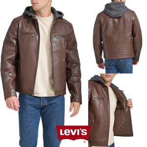 리바이스 B0DHLS7BJK 남자 발수 인조가죽 후드 집업 모토 자켓