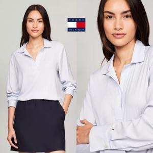 타미힐피거 76J5496-YCI 여자 풀오버 릴랙스 핏 V넥 긴팔 셔츠