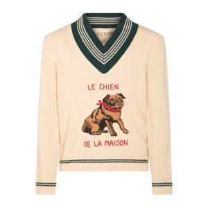 발렌티노 베이지 독 그래픽 브이넥 스웨터 7V3KC35 EB2M581