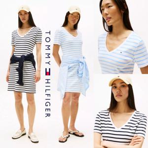 타미힐피거 WW45955 여자 스트레치 골지 니트 자수로고 V넥 반팔 원피스 드레스