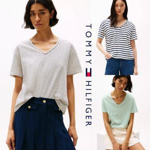 타미힐피거 WW44551-0FO 여자 리넨 혼방 스트라이프 V넥 반팔 티셔츠