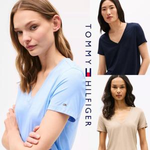 타미힐피거 XW03936-AEG 여자 Drapey V넥 릴렉스핏 비스코스 초경량 반팔 티셔츠