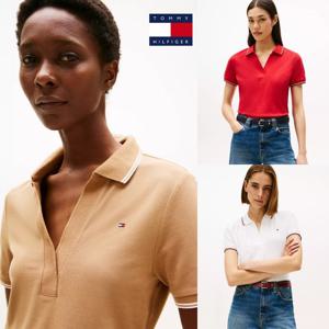 타미힐피거 WW45736 여자 1985 팁드 오픈 플래킷 V넥 반팔 폴로 셔츠