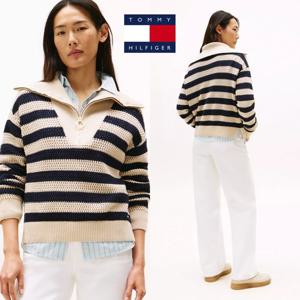 타미힐피거 TOMMY HILFIGER XW04792-ACI 여자 스트라이프 하프집업 니트 스웨터