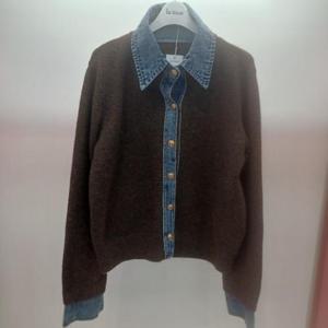 Latium HC06 데님 배색 단추 오픈 남방형 데님 카라 니트기모 가디건 T2543cd05B