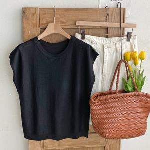 샵앤) 여성 라운드넥 단가라 캡소매 레이어드 니트 티셔츠 JR-WKN-4365-블랙