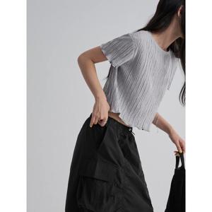 (355742LYC3) [에잇세컨즈] 플리츠 반소매 티셔츠  그레이