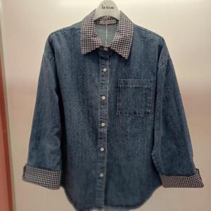 Latium HC06 데님 가을 느낌 체크 배색 품편한 언발 남방형 청셔츠블라우스 T2533bl10B