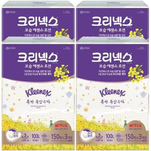 [땡큐온]크리넥스 3겹각티슈 보습에센스로션 150매 3입 x4팩