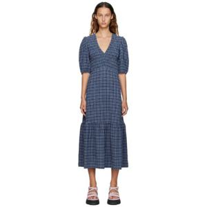 25 FW 가니 여성 블랙   블루 체크 미디 드레스 222144F054054