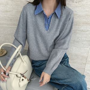 샵앤) 여성 카라넥 체크 셔츠 레이어드 긴팔 니트 티셔츠 21DS-WKN-4977-그레이