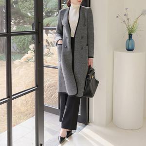 오드 OTN006 체크 노카라 롱 더블 울 자켓