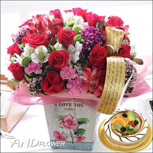 [서울/수도권일부]플라워박스(레드)+케익[꽃배달]