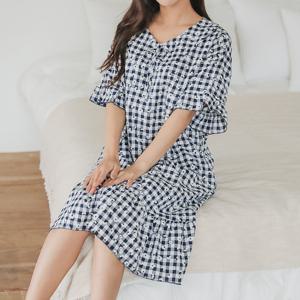 잔꽃 체크잠옷 원피스 플라워패턴 리본 홈웨어