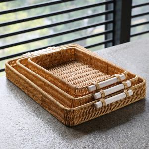 청년리빙 사각 우드 손잡이 라탄 트레이 대형