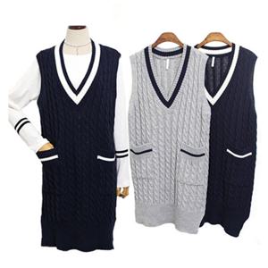 [해피통통] 빅사이즈 브이넥 니트 롱조끼 꽈베기 니트베스트 여성의류