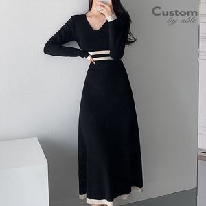 [한정/특가]브이넥 허리배색 플레어 니트원피스_C2301OP006A