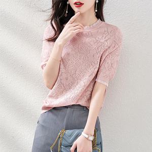 [유니제이] 루비닝 플라워 펀칭 레이스 반팔 니트티