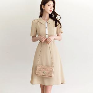 [시크라인] 데르베스 플라워 투톤 버튼 벨티드 플레어 원피스