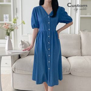 [한정/특가]버튼 퍼프 브이 데님 원피스_C2304OP098B