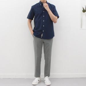 [더셔츠스튜디오]네이비 반팔 루즈핏 면혼방 옥스포드 버튼다운