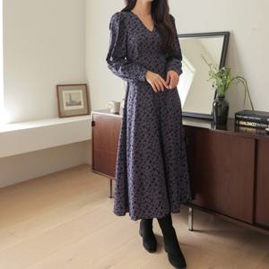 오드 DRO203 배색 플라워 패턴 브이넥 롱 원피스