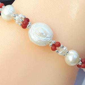 [블루케이] 핑크산호 자개 진주 원석 팔찌 230504-23