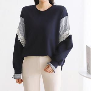 [한정/특가] 줄지소매 레이스 루즈핏 티셔츠_M2402TS014A