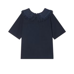 라움 여성  MUVEIL 네이비 러플배색 면 5부소매티셔츠 CWTS3E102N2