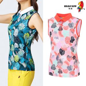 [마코] (여성)몬스테라 패턴 민소매 카라 티셔츠_MLW2TN04