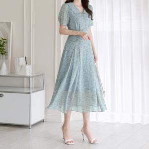 [시크라인] 아델리 프릴 카라 플로랄 플리츠 쉬폰 원피스