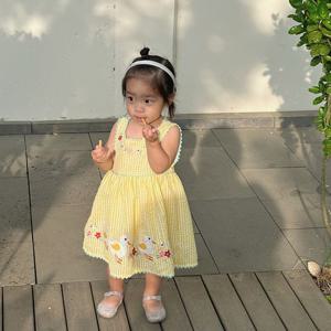 [조이멀티]오리자수 체크 옐로우 여아 민소매 원피스 205385