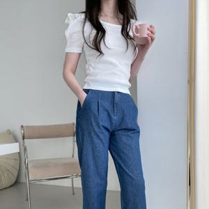 팬츠 F006836 와이드 뒷밴딩 통바지 린넨 마 청통바지