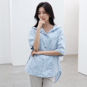 [키첼] 온프 스트라이프 후드 데님 셔츠